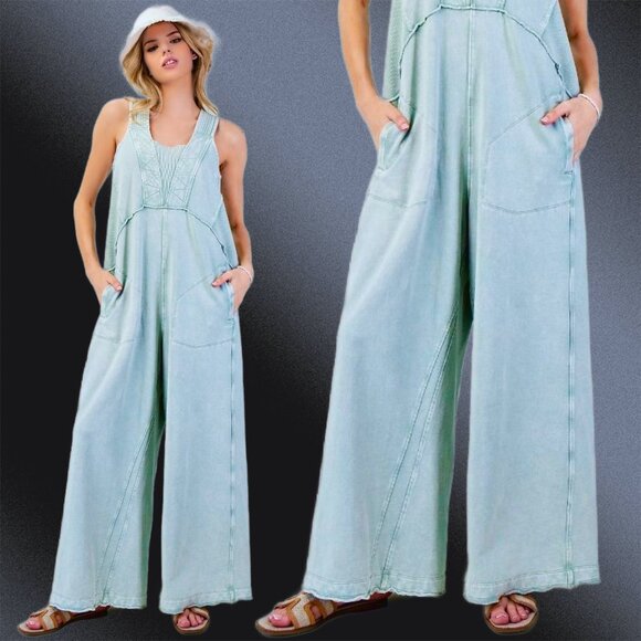 EASEL "Magical Muse" Mineral Washed Soft Terry Knit Wide Leg Loose Fit Jumpsuit - Picture 8 of 15